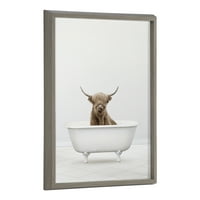 Kate és Laurel Blake Highland Cow Solo fürdőkád keretezett nyomtatott üvegfal művészet Amy Peterson, szürke, imádnivaló állat