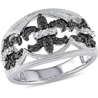 Carat T.W. Fekete-fehér gyémánt sterling ezüst fleur-de-lis gyűrű