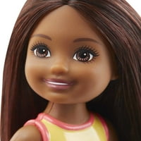 Barbie club Chelsea Doll, kis baba hosszú barna hajjal, barna szemek & fagyasztott élvezet-grafikus fürdőruha