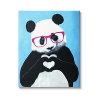 Stupell Industries panda szív szimbólum rózsaszín szemüveg aranyos kék háttérfestmények galéria csomagolt vászon nyomtatott fali