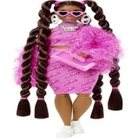 Barbie Extra divatbaba hosszú barna hajjal, rózsaszín 2 darabos ruha, kiegészítők & kisállat