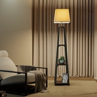 Padló lámpa polcokkal, 3-Tier kijelző polc, bézs vászon lámpaernyőt, álló Storge Lámpa nappali, hálószoba, étterem, Matt Black