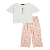Social Edition Girls bordázott grafikus póló és virágos lángolt nadrág, 2 darabos ruhakészlet, Méretek 4-16